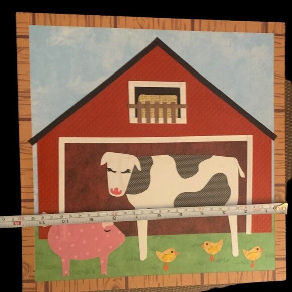 Folk Art Farm Scene Tape Art Cow Pig Chicken Red Barn Hand made, Signed 12" SQ - Picture 5 of 7